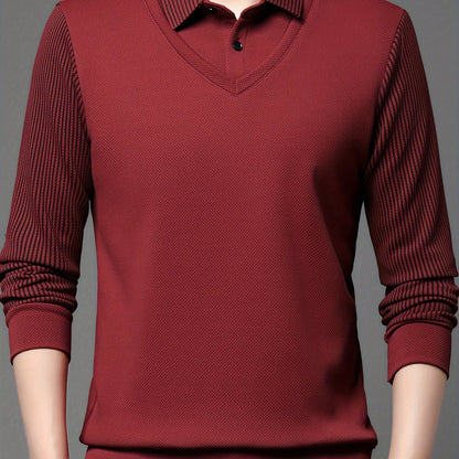 Men's casual long sleeve polo shirt made of polyester and spandex blend with lapel collar, slight stretch striped fabric, and regular fit knit half-placket pullover for spring/fall.