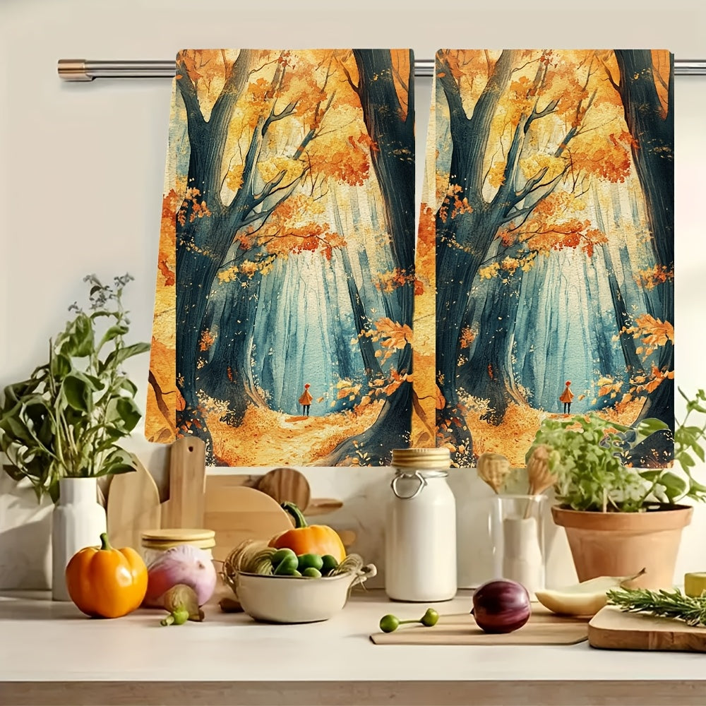 Set of 2 Ultra Soft Kitchen Towels featuring an Autumn Forest Scene, designed for high absorption and easy machine washing. Each towel measures 40.64x60.96 cm, ideal for holiday decoration and drying dishes.