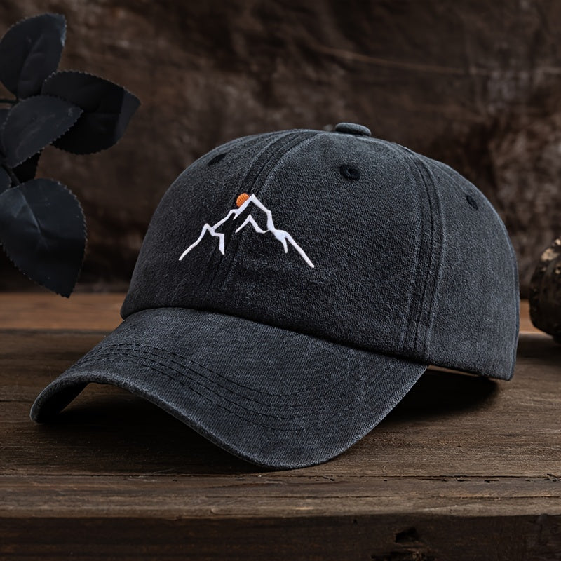 Embroidered Mountain Peak Baseball Cap - Adjustable, Curved Brim Ideal for Hiking & Fishing, Machine Washable