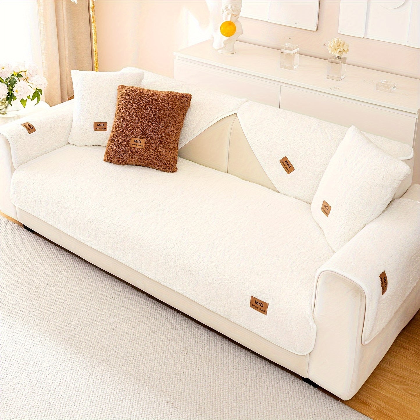 Thick Sherpa sofa cover for pets and furniture protection in bedroom, office, or living room.