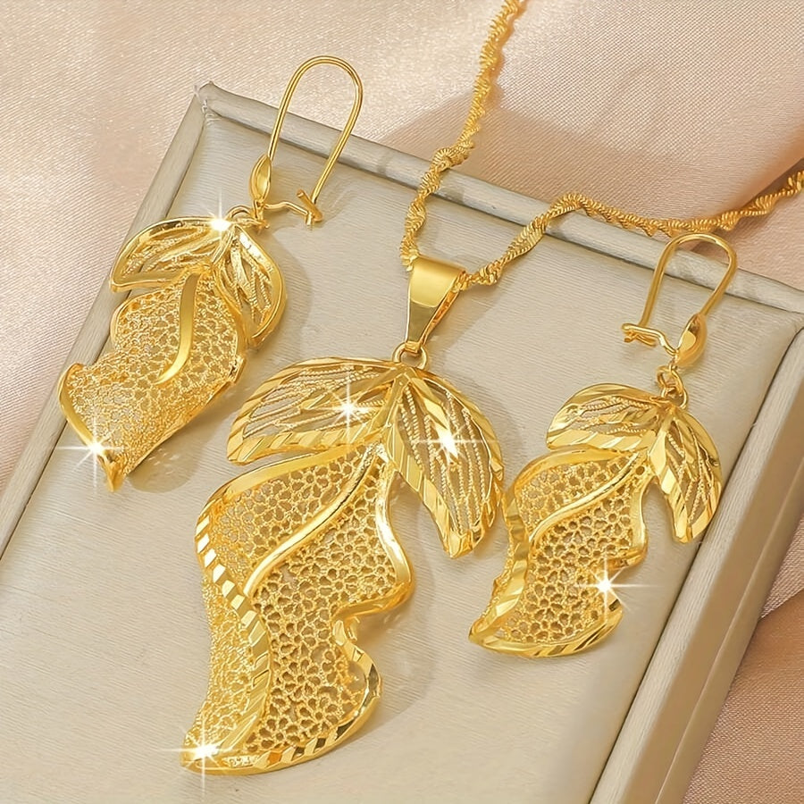 Bridal Wedding Jewelry Set with Hollow Leaf Earrings and Necklace, Set of 2 Pieces