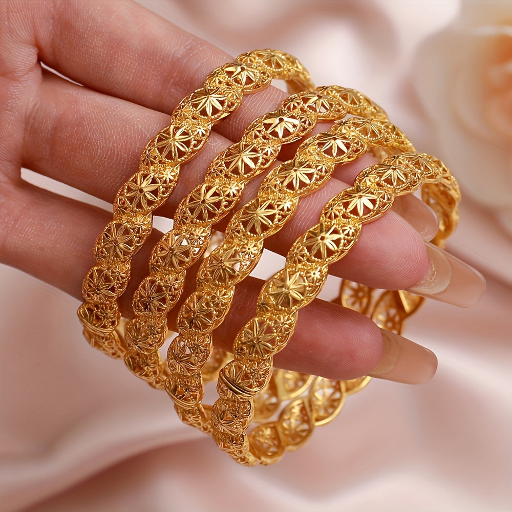 One pack of an elegant and sexy 24K golden plated hollow cuff bracelet with a classic octagonal flower design. Made of copper material, this bracelet is versatile for daily wear and special occasions.