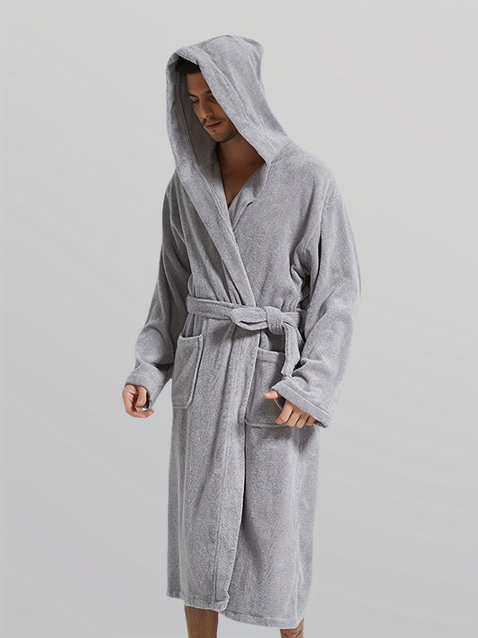 Soft and absorbent long-sleeve bathrobe with cozy hood, perfect for home, beach, and gifts. Classic style for men and women.