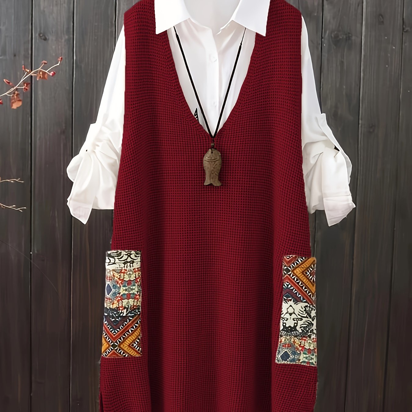 Plus size casual V-neck printed sweater vest dress with pockets.