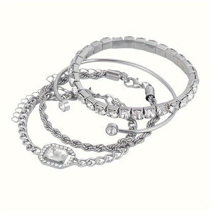 Women's 4-piece punk style twist chain bracelet set with rhinestones.