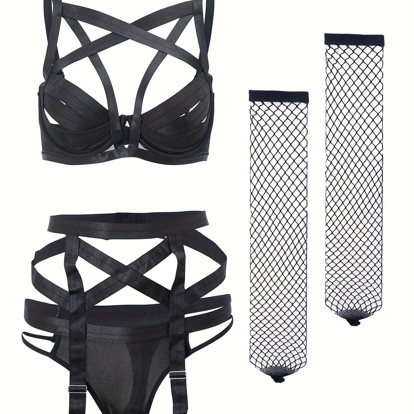 Sexy Hollow Out Lingerie Set with Bra, Garter Belt, Thong, and Stockings for Women