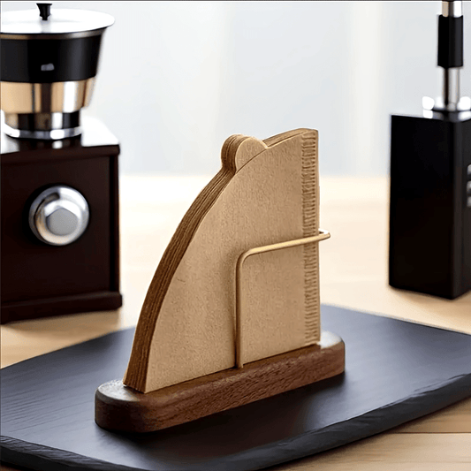 Elegant Cherry Wood and Brass Coffee Filter Paper Holder - Fan-Shaped Design for Easy Access and Storage on Countertop, Ideal for Home Baristas