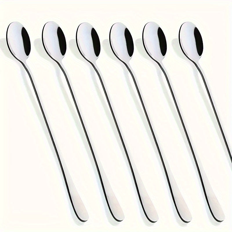 Set of 6 long-handled iced tea spoons, black stirring spoon, high-quality stainless steel coffee spoon, cocktail stirring spoon, long-handled teaspoon, mirror polished, dishwasher safe.