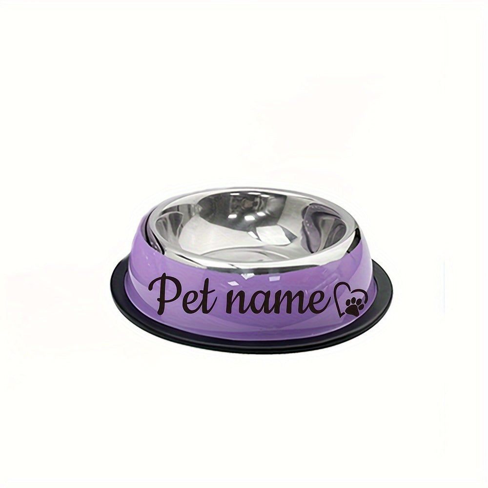 Custom stainless steel dog bowl with non-slip base for small, medium, and large dogs. Personalize with pet's name for food and water.