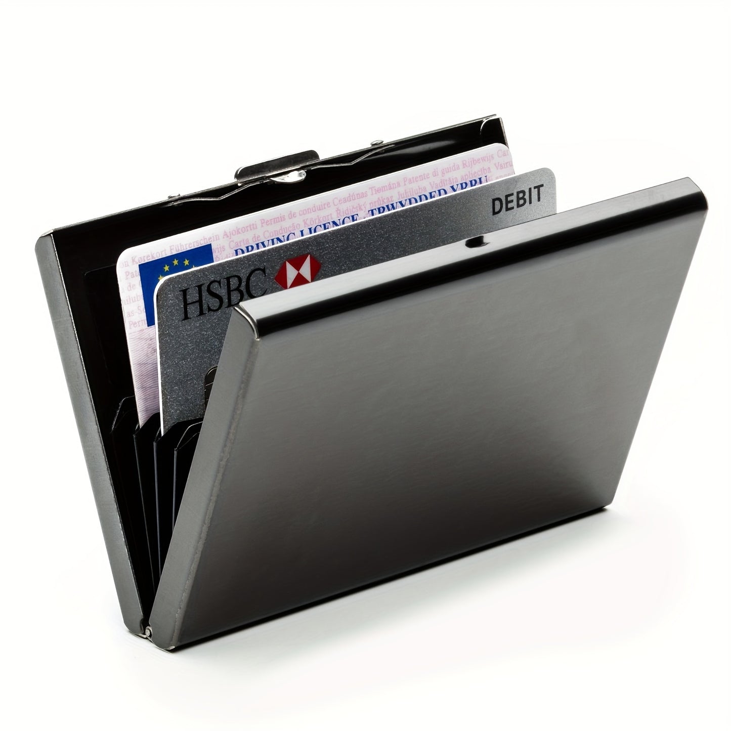 RRYJH Slim RFID blocking stainless steel credit card holder in professional black color, ideal for men and women. Features a 6-slot metal wallet design for holding business cards, ATM