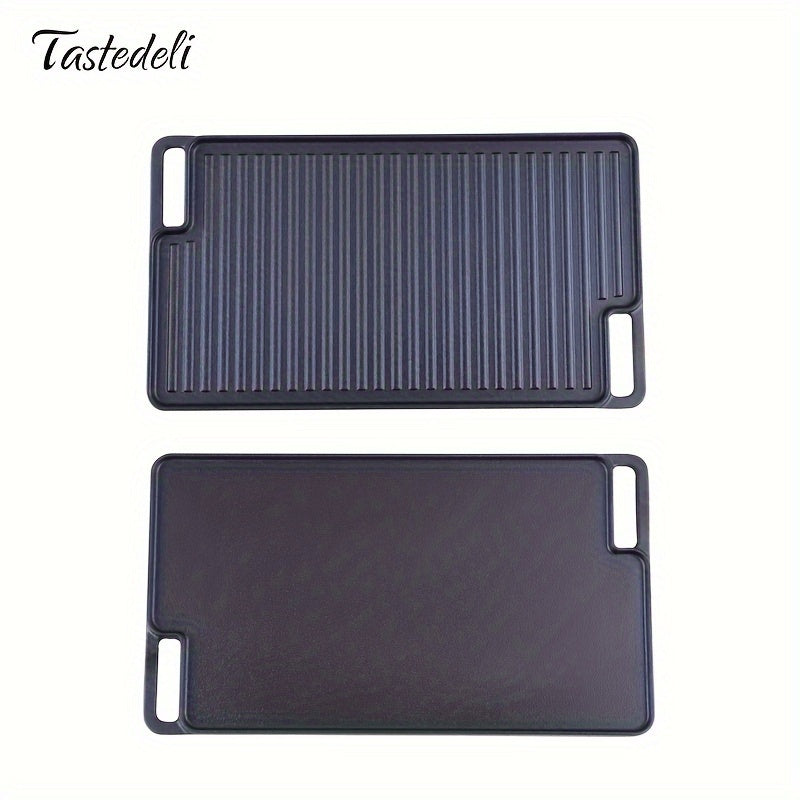 Introducing the Tastedeli 45.72x25.4cm Pre-Seasoned Cast Iron Double Grill/Griddle! Ideal for Outdoor Camping, Picnics & BBQs - TASTEDELI