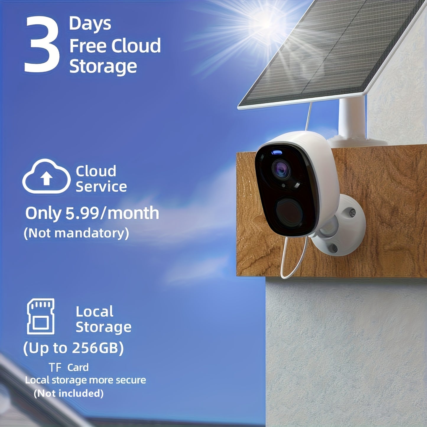 2K battery-powered WiFi security camera with PIR motion detection, two-way audio, night vision, and cloud/SD storage.