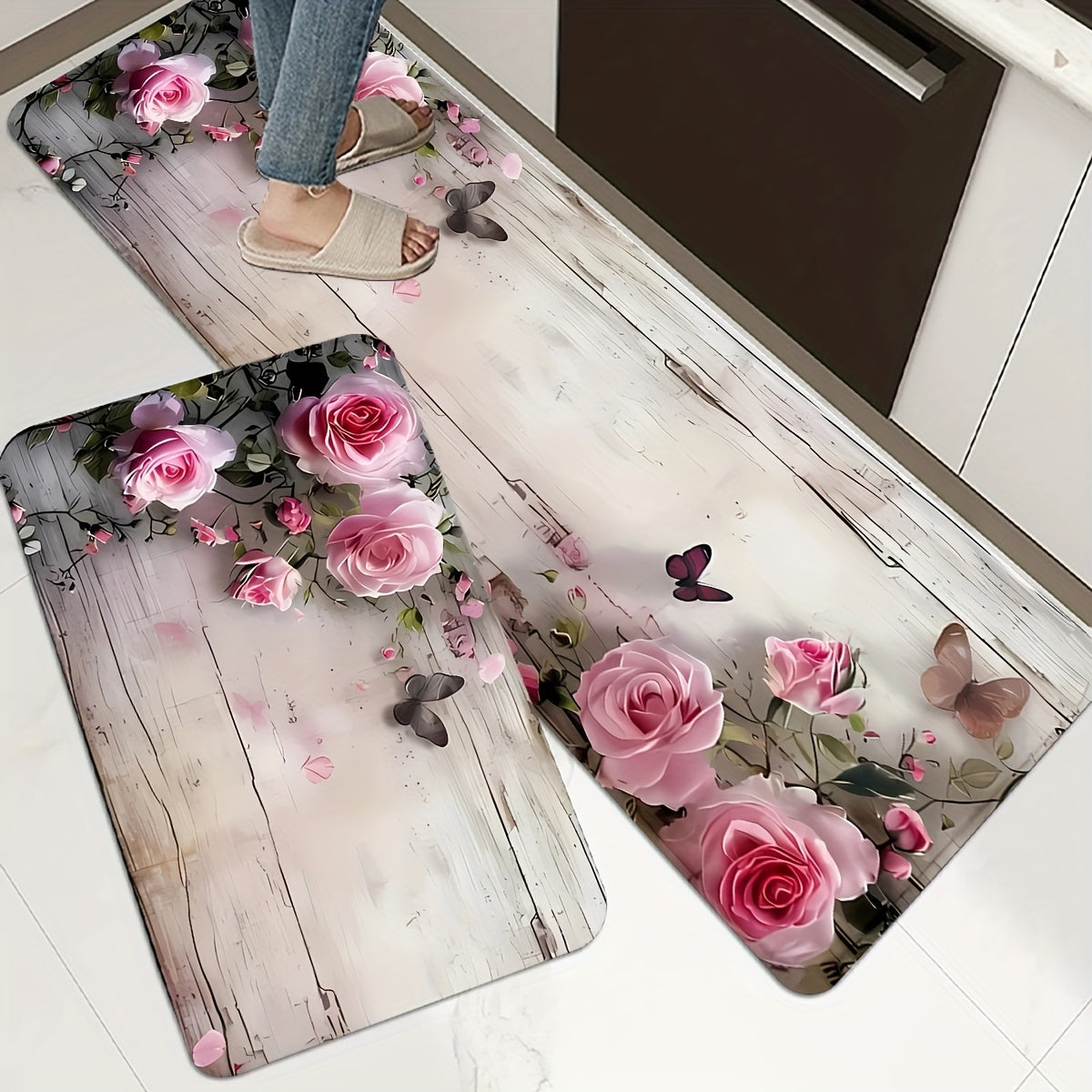 Rectangular Non-Slip Polyester Rug with Floral Design for Kitchen, Office, Entryway, Living Room, Bedroom, or Laundry Room - Machine Washable Indoor Doormat for Comfort and Anti-Fatigue with PVC Backing