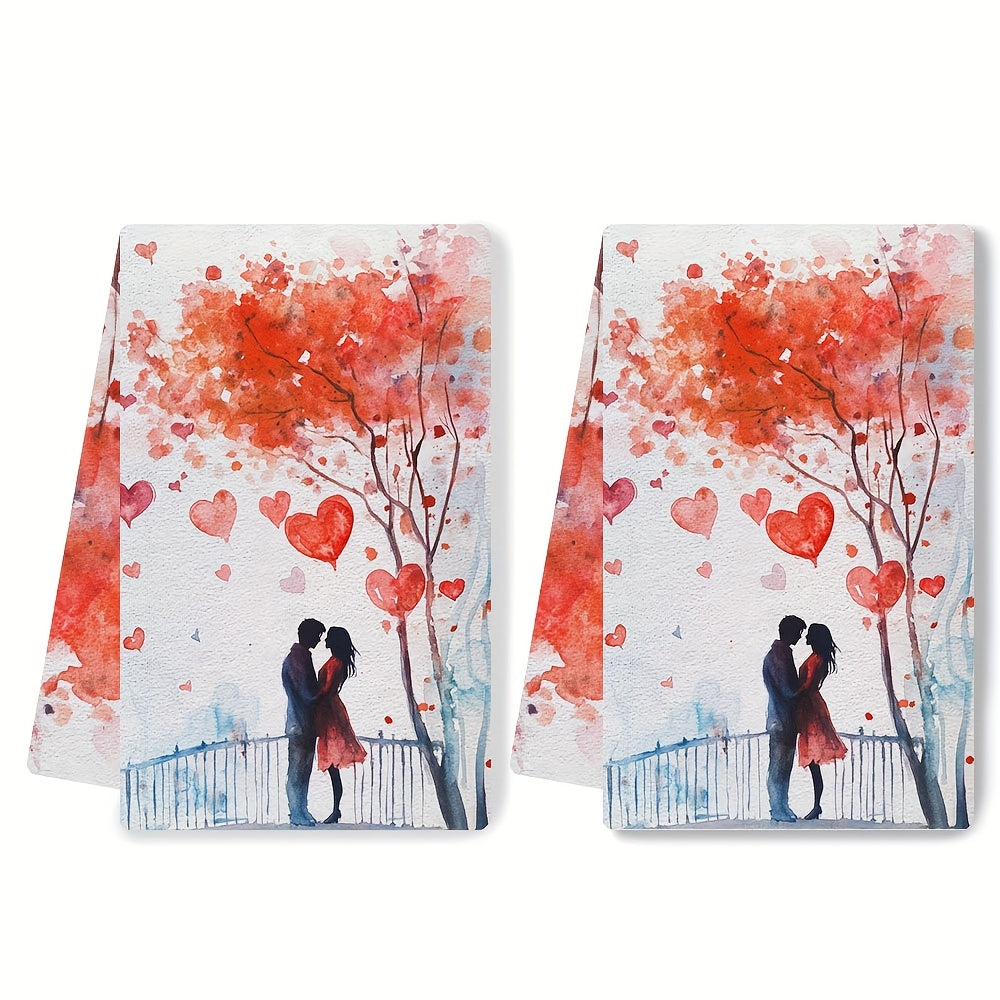 Set of 2 Romantic Valentine's Day Kitchen Towels - Made with Ultra Soft & Highly Absorbent Polyester, Size 40.64x60.96 cm, Easy to Clean in Washing Machine, Decorated with Embracing Couple & Heart Tree Design for Holiday Festive Touch