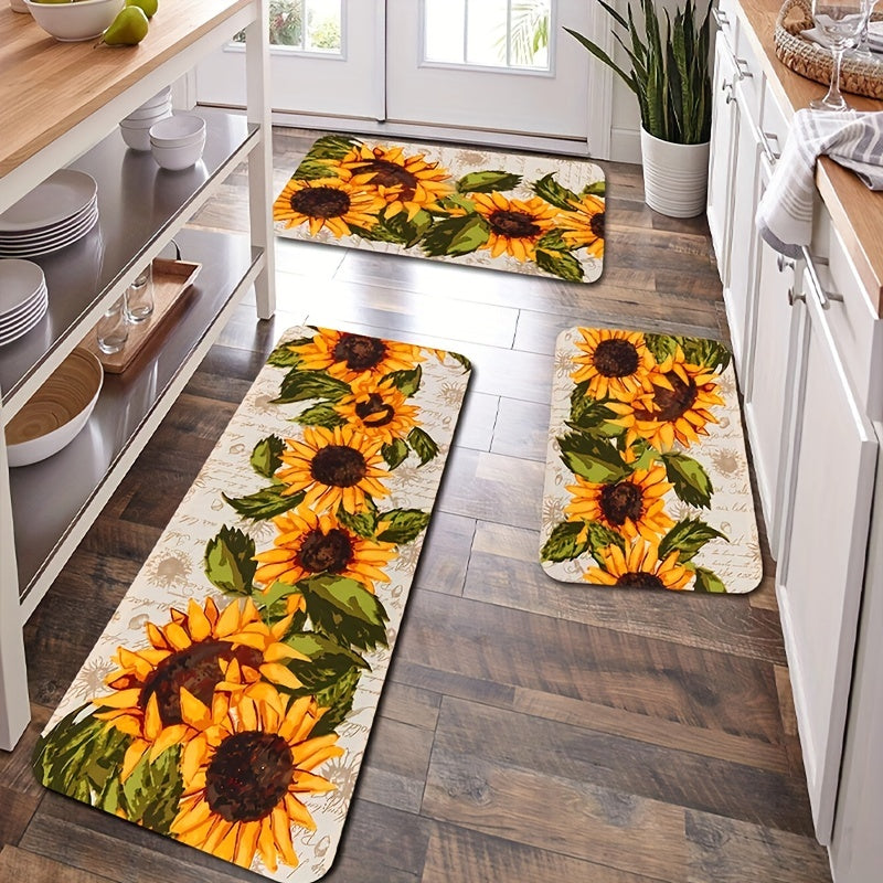 One piece Sunflower Print Kitchen Floor Rug designed to resist dirt and water, machine washable for easy cleaning. Can be used as an Entrance Doormat, Kitchen and Living Room Carpet, or Laundry and Bathroom Water-absorbing Floor Carpet.