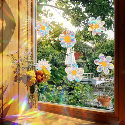 Dazzling Rainbow Prism Window Decor - Set of 10 Daisy Suncatcher Clings, Reusable Vinyl Stickers to Prevent Bird Strikes, Perfect for Home and Garden Accents