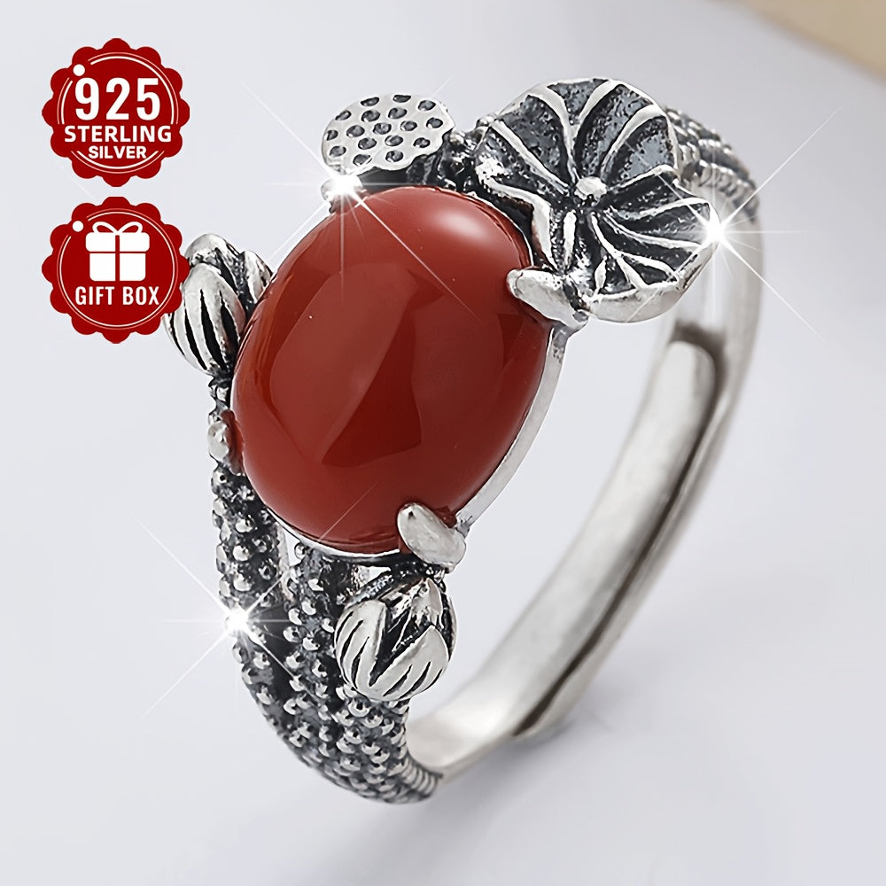 Classic 925 Sterling Silver Ring with Red Agate Stone - Featuring Lotus Leaf Design, Ideal for Both Formal Events and Everyday Wear, Matte Finish, Single Piece, Lightweight 4.6g