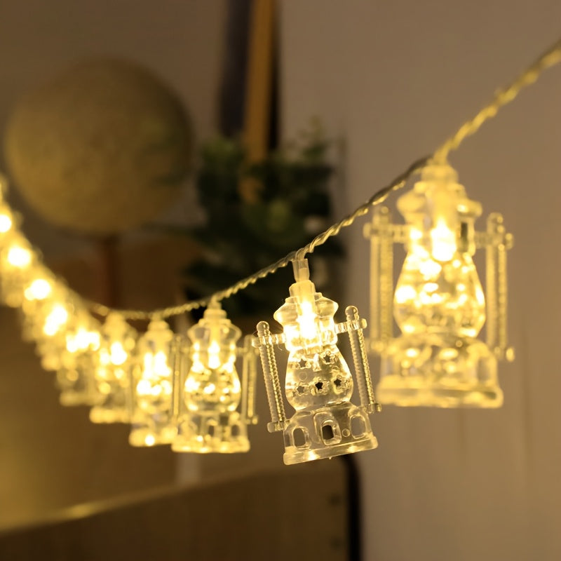 Battery-powered LED string lights with a golden Islamic-themed design featuring stars and moons, perfect for Ramadan, Diwali, and holiday décor. Made of plastic, switch-controlled, and