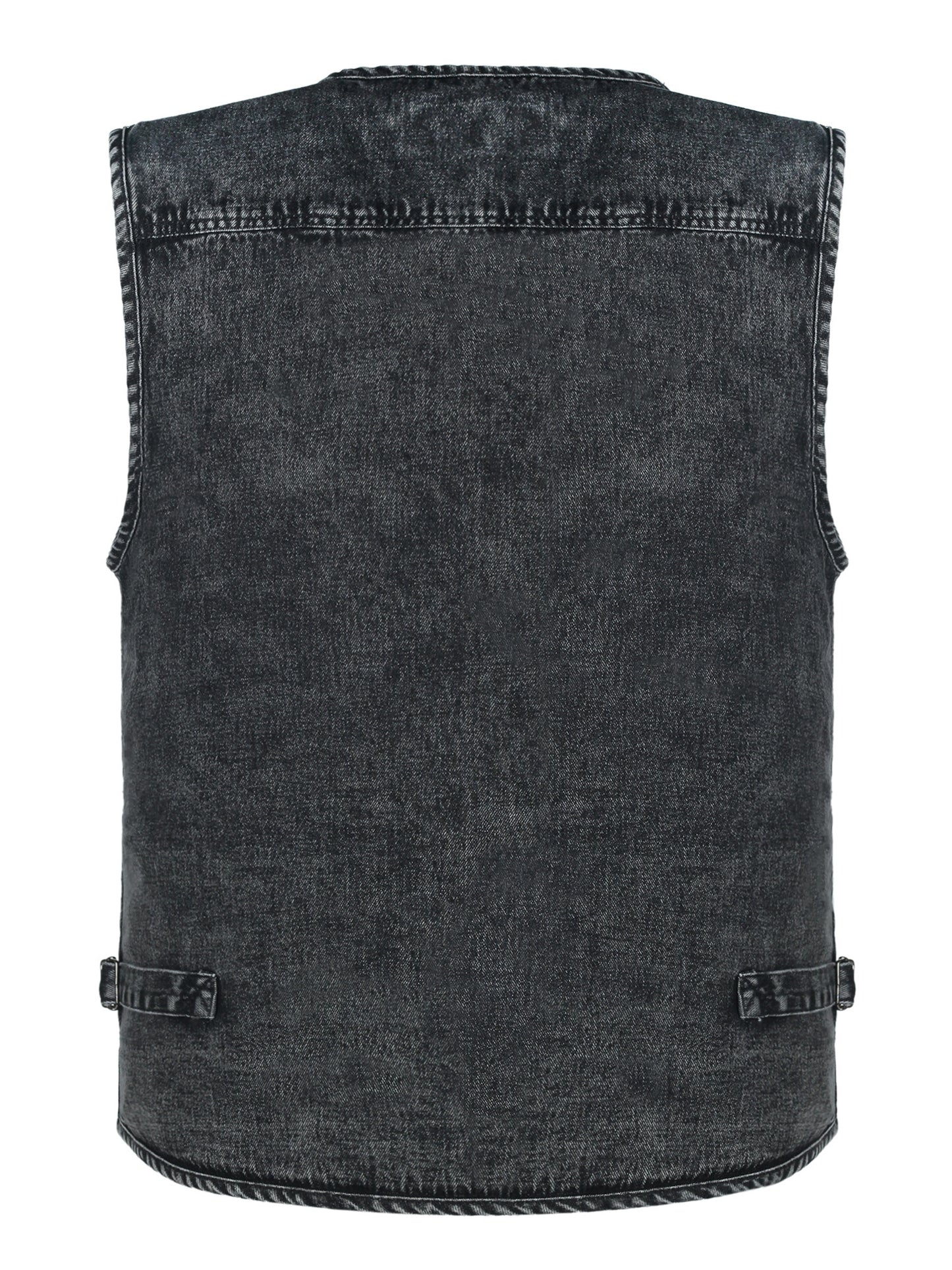 LUSI MADAM Men's Denim Black Zip-Up Vest - V-Neck with Multi Pockets, 100% Cotton, Perfect for Spring/Summer Outdoor Activities.