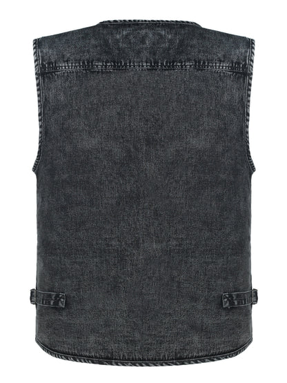 LUSI MADAM Men's Denim Black Zip-Up Vest - V-Neck with Multi Pockets, 100% Cotton, Perfect for Spring/Summer Outdoor Activities.