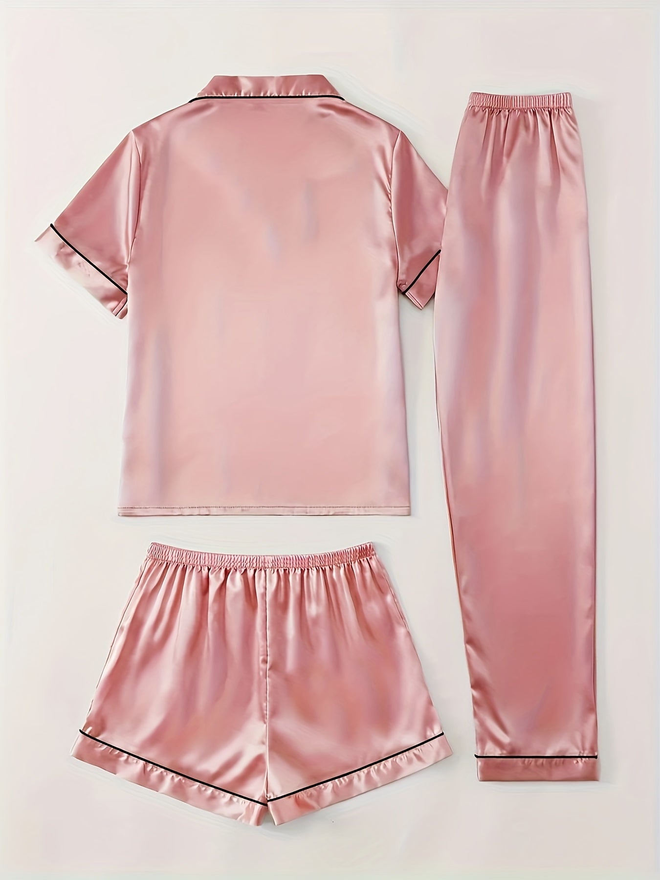 3-piece summer satin pajama set for women featuring collared shirt, long pants, and shorts. Made of 95% polyester and 5% elastane. Available in sizes S-XL.