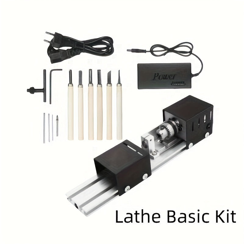 Compact DIY mini lathe set for grinding, polishing, and cutting wood. Plug-in with 110-240V compatibility.