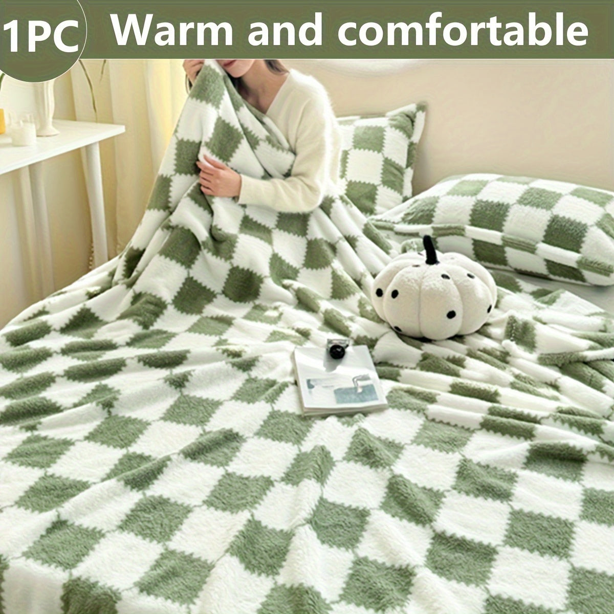 Soft, comfortable Cozy Traditional Checkered Edge Fleece Blanket suitable for all seasons. This multi-purpose blanket is machine washable and perfect for travel or office use.