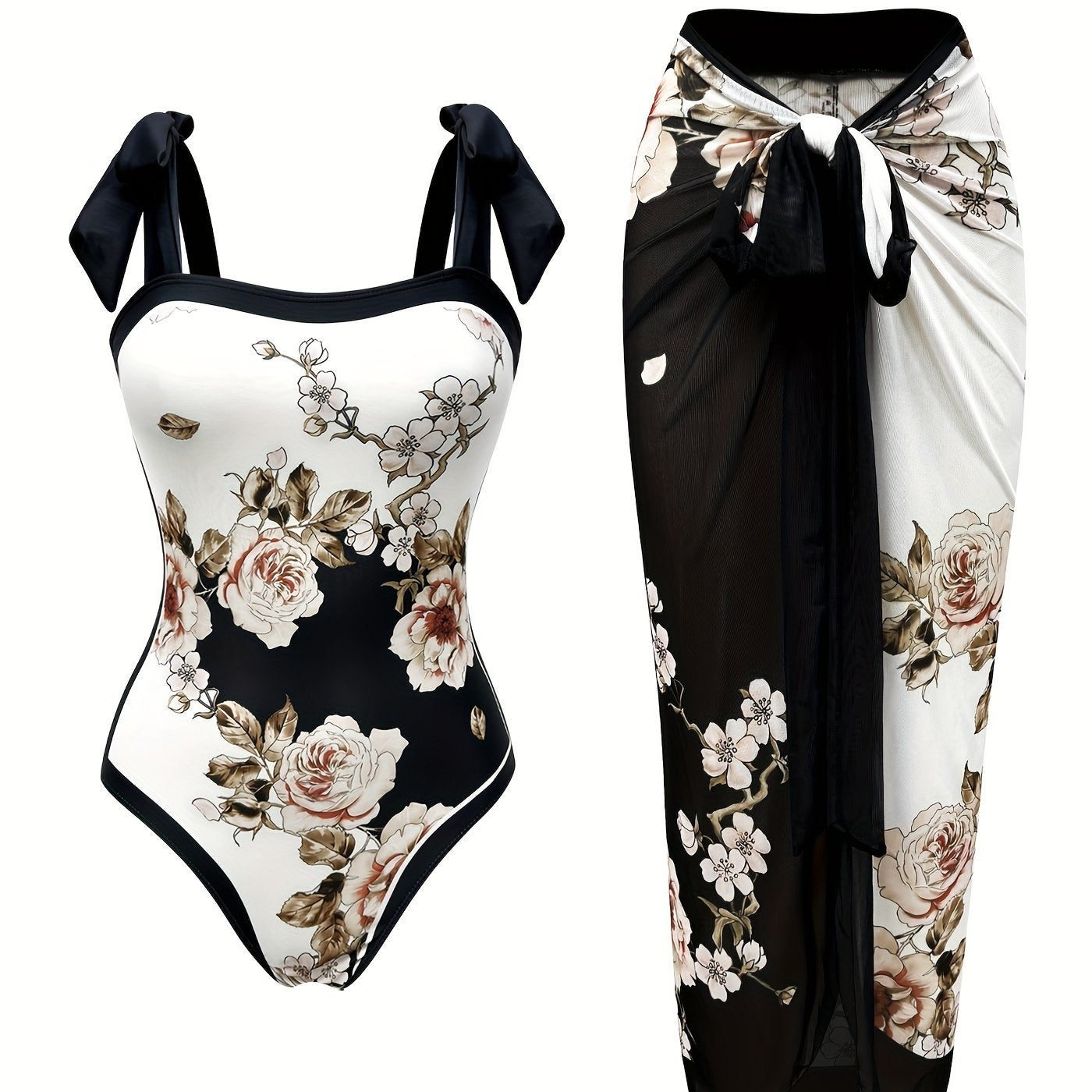 Stylish one-piece swimsuit with sun protection, floral print, and sheer skirt - ideal for the beach.