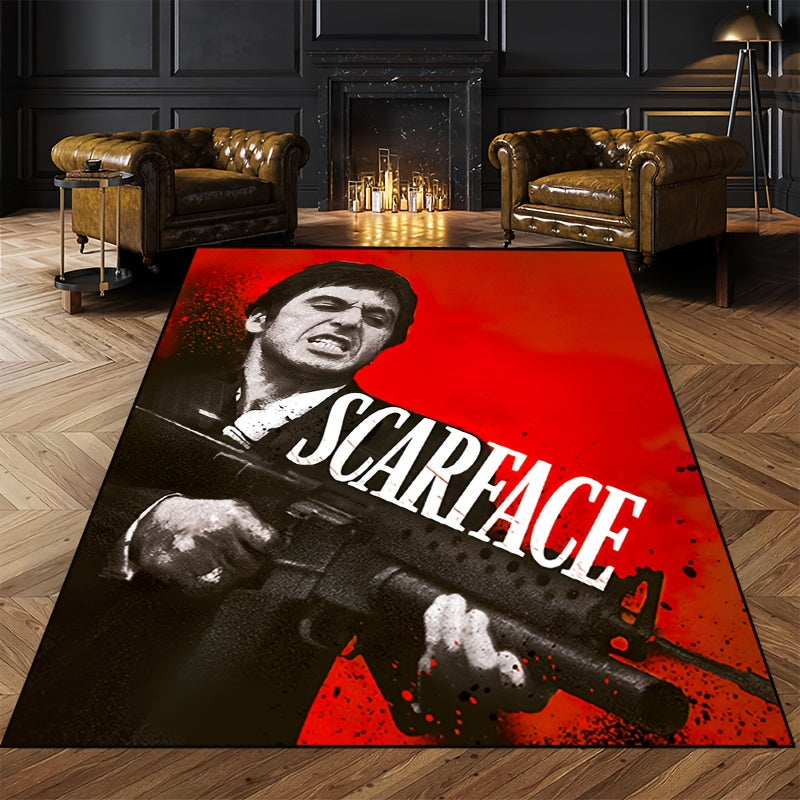 Add a touch of 'Scarface' style with this non-slip mat featuring a red background. Easy to clean and waterproof, available in multiple sizes for use in living rooms, bedrooms, entryways, outdoor patios, and gardens.