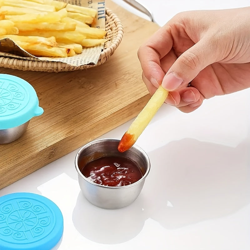 Stainless steel condiment cup with leakproof silicone lid - ideal for kitchen and dining, reusable and rust-resistant.