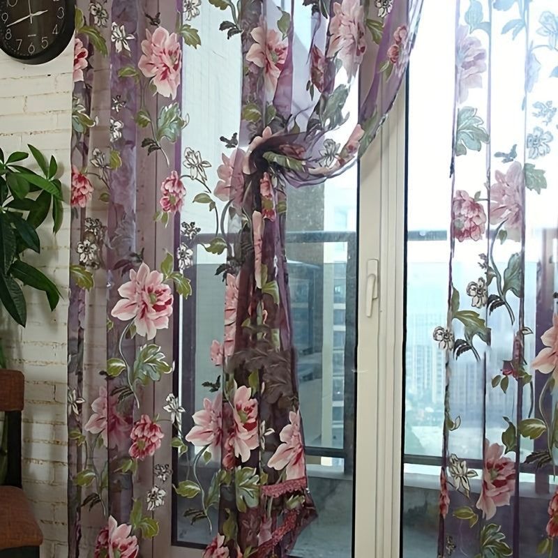 French Country Style Peony Floral Sheer Curtain - 100cm x 200cm Rod Pocket Window Treatment, machine washable for Bedroom & Living Room