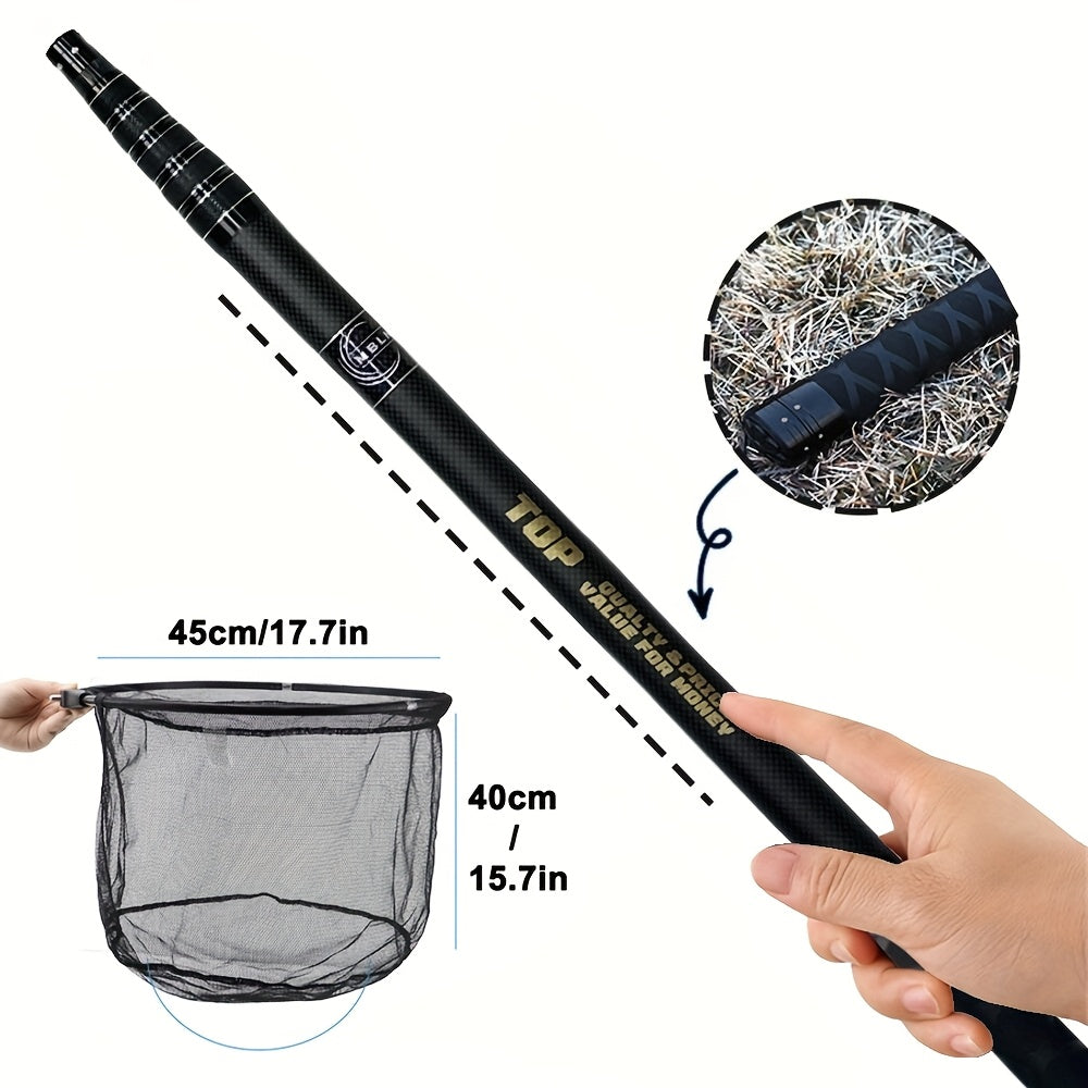 Telescopic portable net set with ultra-short design and anti-slip handle. Made with carbon cloth material pole and dense hole nylon net. Features a universal connection port and can be