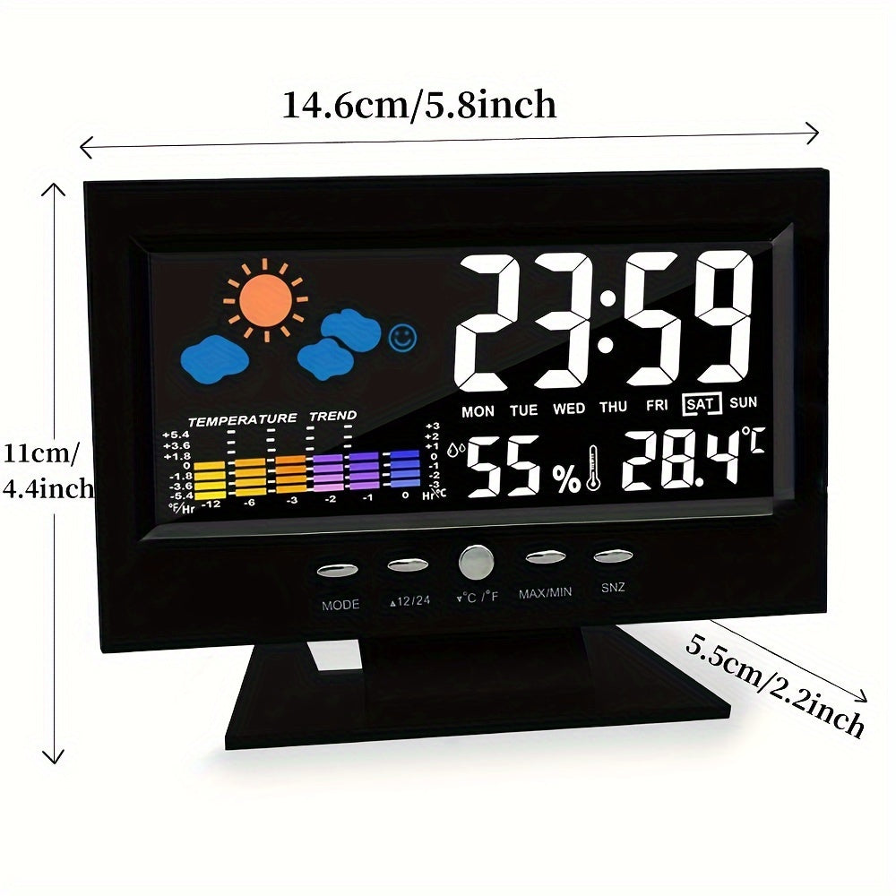 Voice controlled digital weather clock with backlight, temperature, humidity, and weather forecast. Includes USB cable, battery not included.