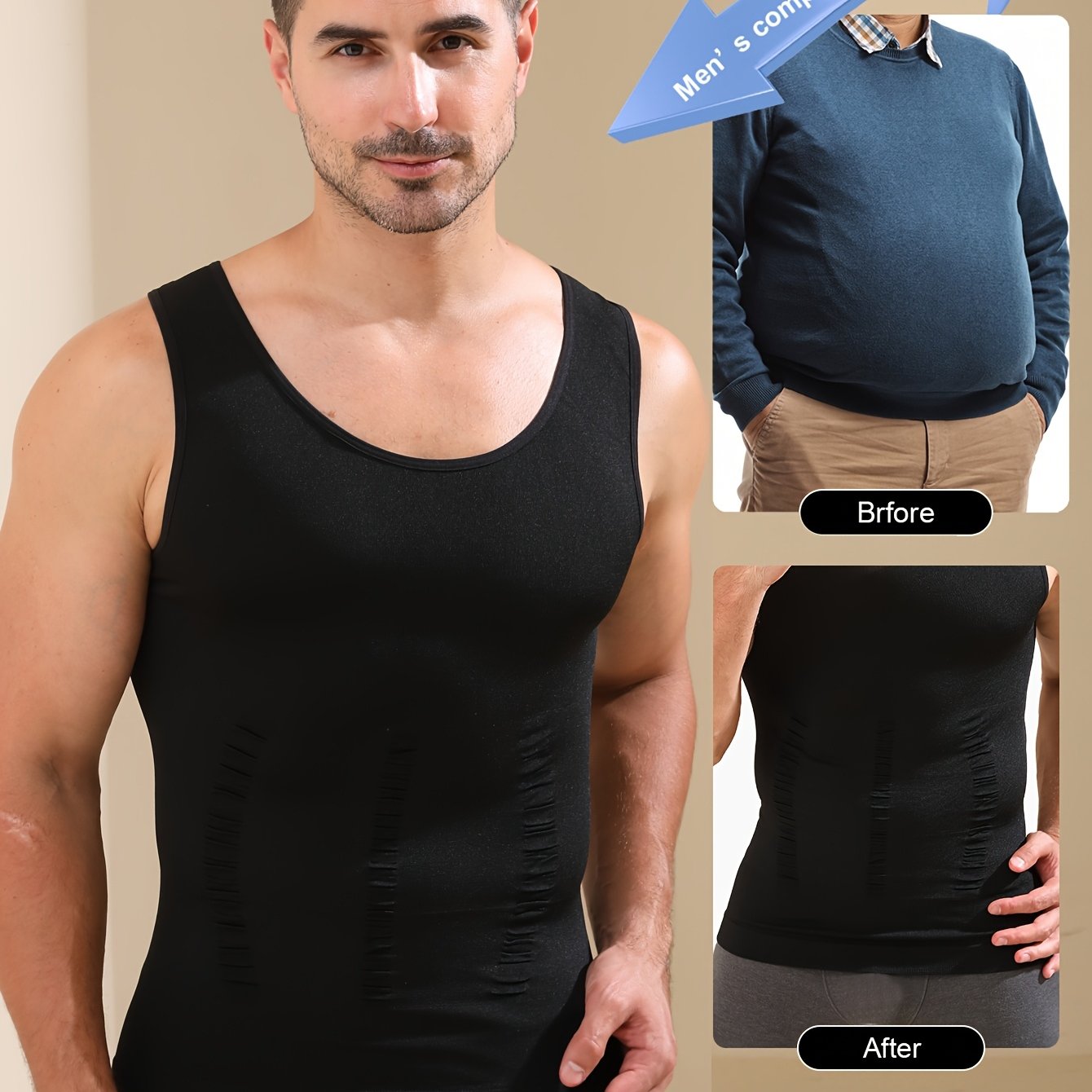 Men's body shaping tank top with breathable fabric, wide shoulder straps, designed to slim waist and chest.