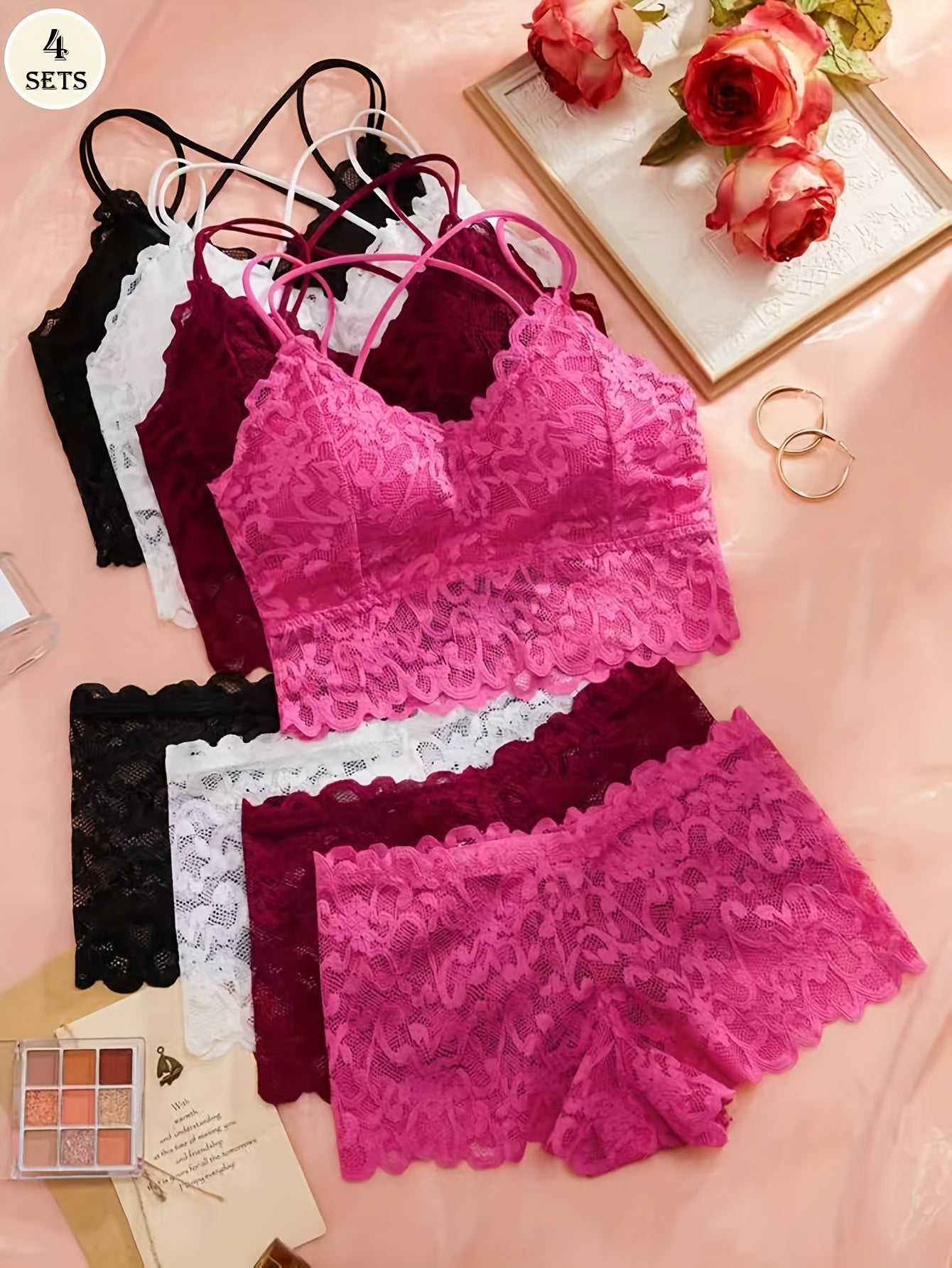 Sexy lace lingerie set with wireless bra and boyshort panties, crisscross back design, breathable nylon blend, plus size.