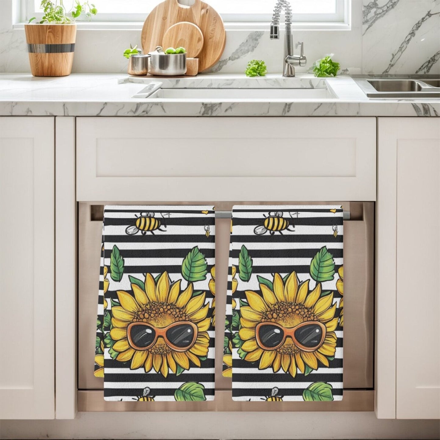 Two pieces of contemporary dish cloths featuring a sunflower pattern, made of woven polyester material. These oblong kitchen towels are designed with a floral theme and are suitable for hand wash only. Ideal for use in the kitchen.