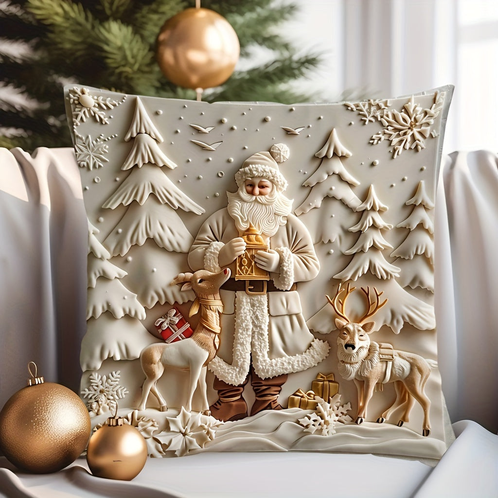 Christmas Reindeer & Trees Pillow Cover -44.96cm, Single Sided Digital Print, Hand Wash, Zip Closure - Polyester Sofa Decor - 1pc