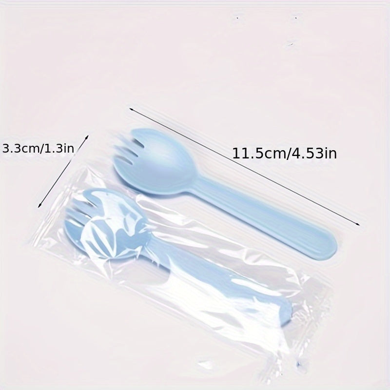 50 or 100 pieces of disposable spoons and forks, each in independent packaging. Made of plastic, these ice cream forks are perfect for desserts. Sporks are also included in this set. These thickened cake and dessert spoons are ideal for use in the home