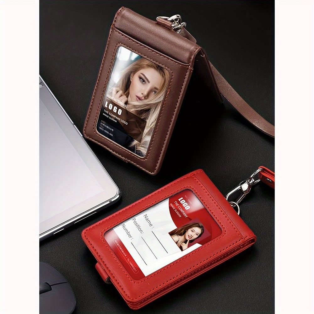 Leather ID card holder with lanyard, 5 card slots, PU leather, English text, formal business accessory.