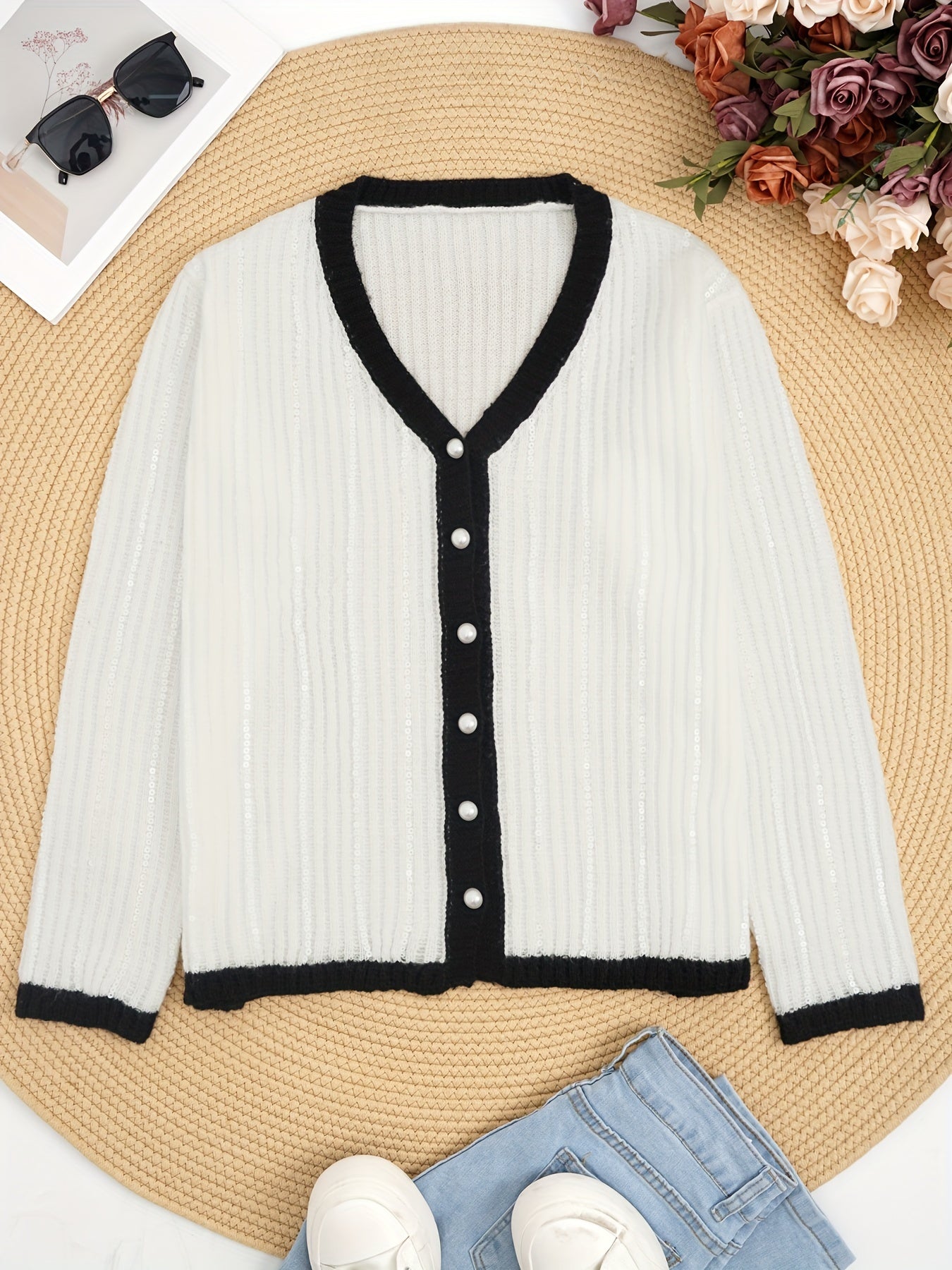 Stylish beaded knit cardigan for women - cozy, casual design in solid color, ideal for autumn/winter.