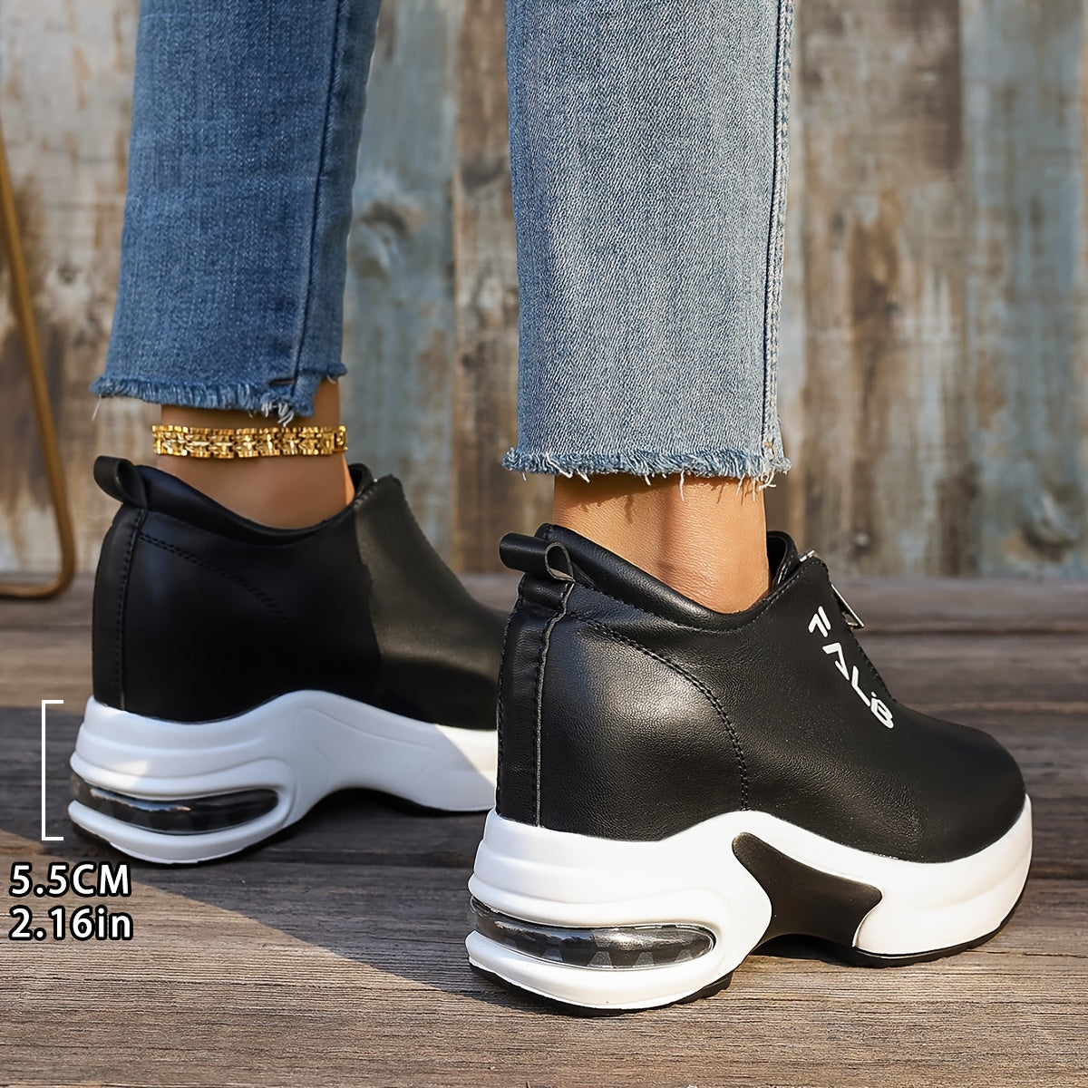 1 Pair Women's Fashion Sneakers with Air Cushion, Zipper Closure, Solid Color, Low Top, and Rubber Sole.