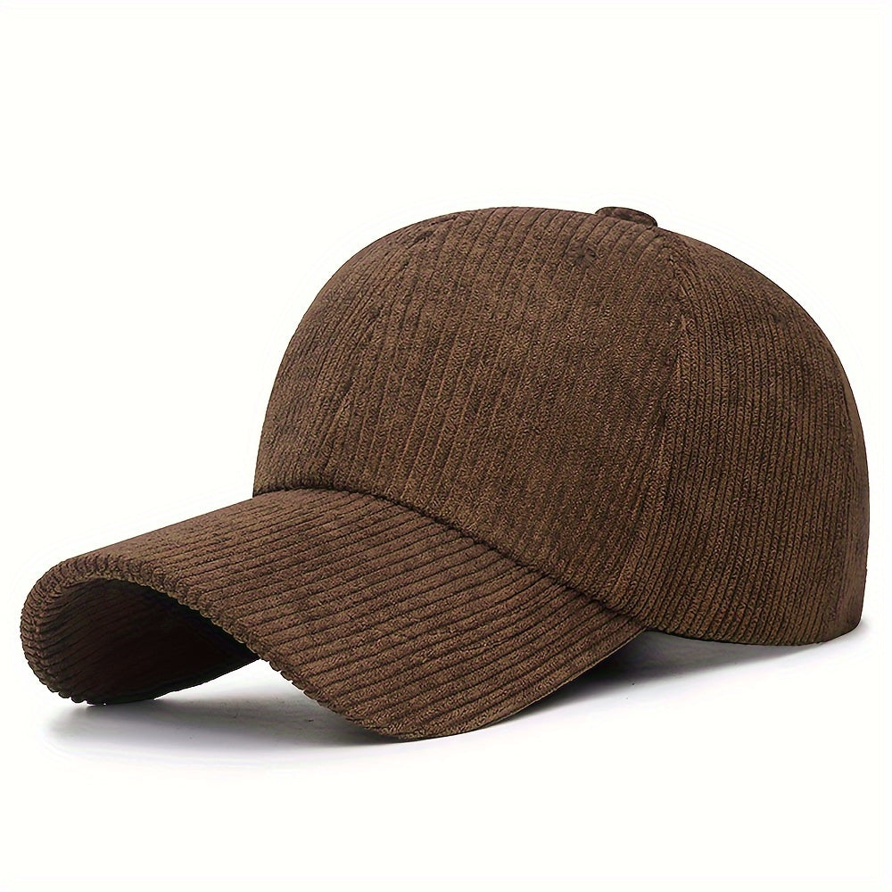 Striped corduroy baseball cap, adjustable snapback, breathable, machine washable, available in multiple colors.