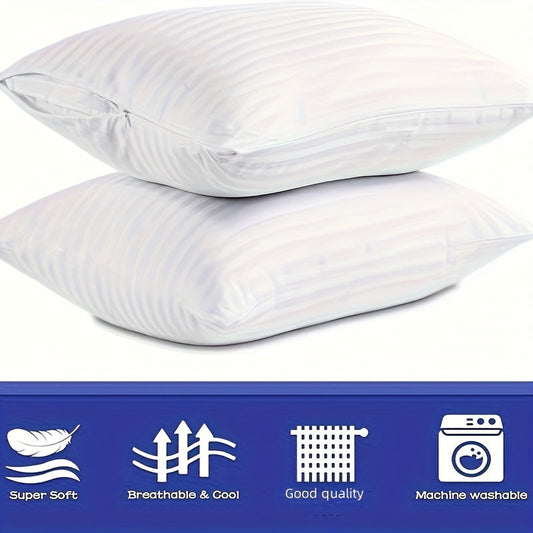 Luxury hotel quality striped pillow protectors made with 100% polyester. Comes in three sizes with hidden zipper for convenience. Features a soft white, stain-proof design. Please note that pillow protectors do not come with pillow core.