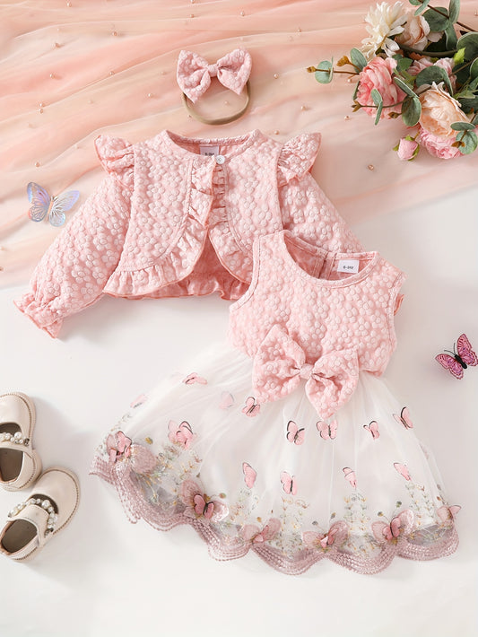 Girls' casual butterfly pattern long sleeve crop top with bow headband, tulle dress set, non-stretch fabric, regular fit, pullover style for fall/winter, ideal for outdoor wear.