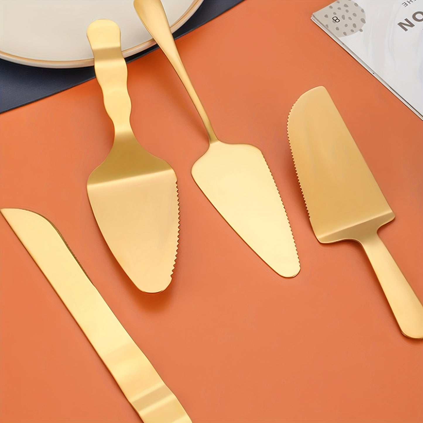 Elegant golden cake knife and server set, ideal for weddings, parties, and everyday use. Made from stainless steel, dishwasher safe.