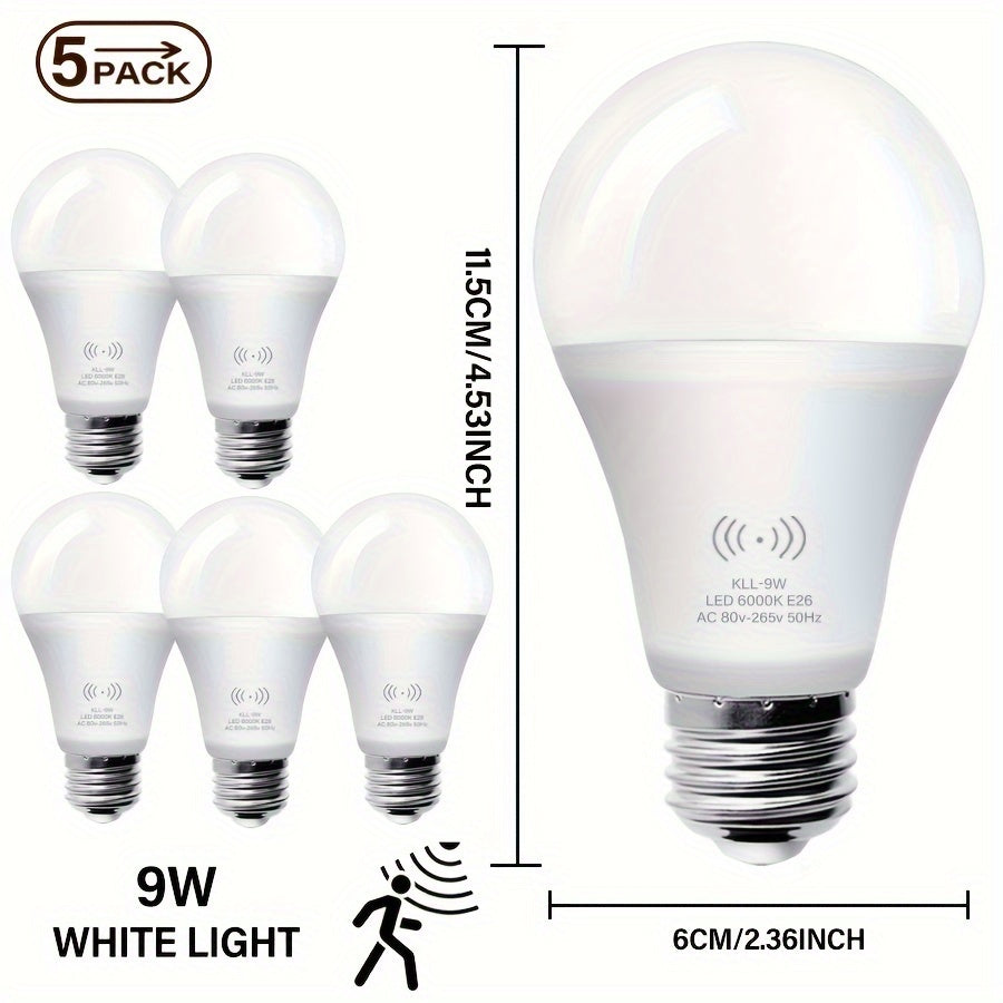 5 LED motion sensor bulbs available in 9W/12W, 3000K/6000K options with 1200LM brightness. Ideal for stairs, hallways, garages, and corridors. 2-year warranty included.