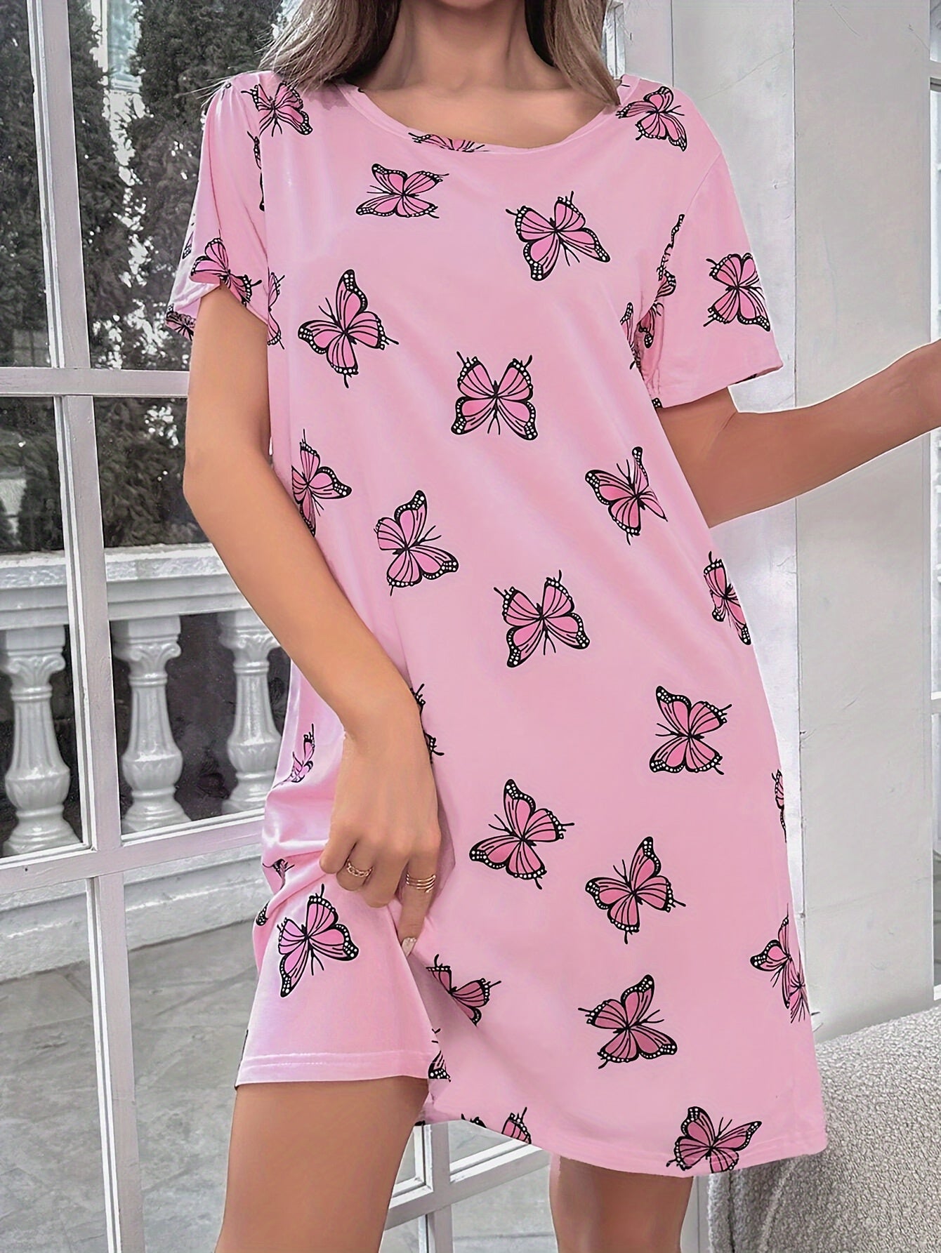 Butterfly print nightdress with short sleeves and round neck tee, ideal for women's sleepwear.