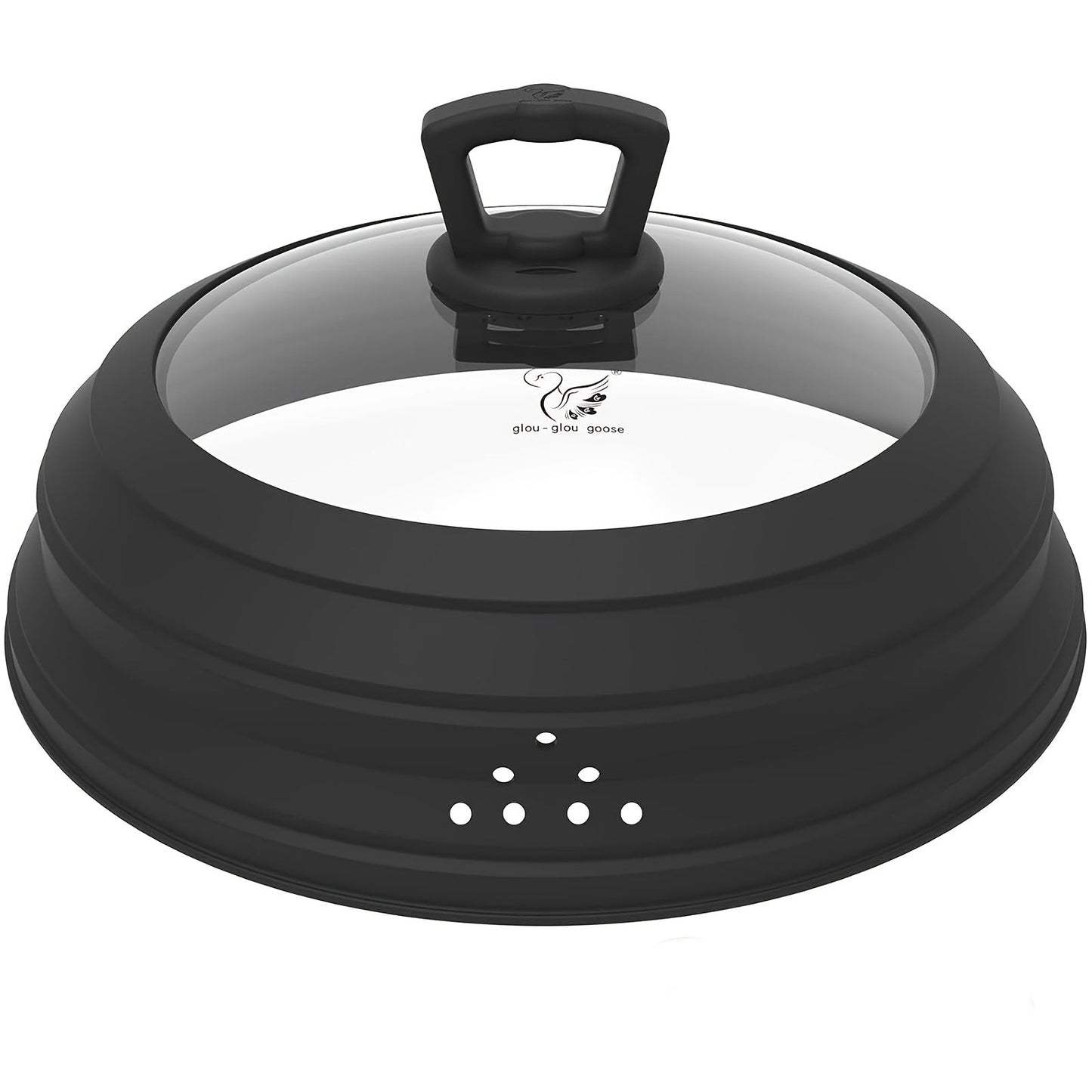 Space-saving kitchen accessory with a ventilated tempered glass lid that fits plates and bowls. Includes anti-scald handle and collapsible design.