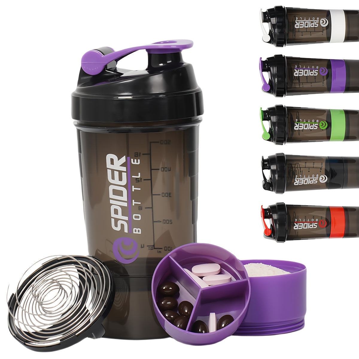 A 500ml protein shaker bottle with layered storage, portable, leak-proof design, and mixing ball. Perfect for gym workouts, weightlifting, and outdoor activities. Ideal for giving as holiday gifts to friends.