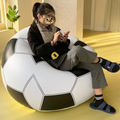 The portable Lazy Inflatable Sofa made of PVC material is waterproof and designed in the shape of a single football sofa. It can be used as a recliner for outdoor activities and easily folded for portability. This sofa also comes with a repair kit